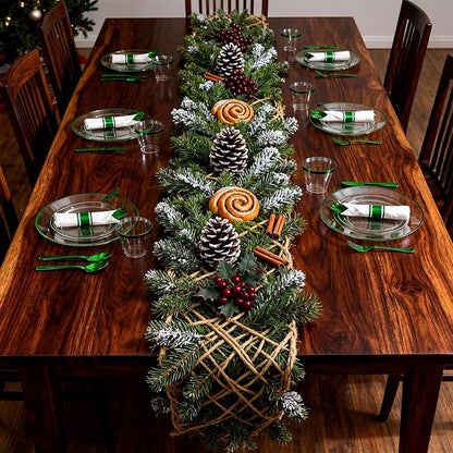 SUT 175 Pcs Green and Clear Plastic Dinnerware Set for 25 Guests, Include: 25 Dinner Plates, 25 Dessert Plates, 25 Pre Rolled Napkins With Silverware, 25 Cups, Disposable Plates for Party, Christmas