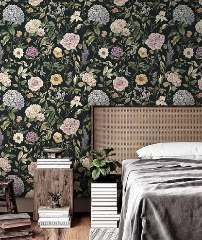 HeloHo Vintage Floral Peel and Stick Wallpaper 17.3"x393.7" Boho Contact Paper Dark Flower Self-Adhesive Removable Wallpaper Renter Friendly Botanical Wall Paper for Cabinets Bedroom Vinyl Rolls