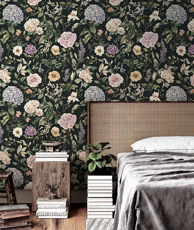 HeloHo Vintage Floral Peel and Stick Wallpaper Boho Contact Paper Dark Flower Self-Adhesive Removable Wallpaper Renter Friendly Botanical Wall Paper for Cabinets Bedroom Vinyl Rolls 17.3"x78.7"