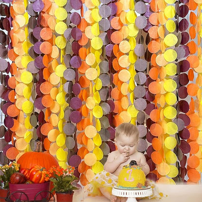 192Ft Fall Party Decorations Big Circle Dots Backdrop Garland Yellow Orange Burgundy Brown Tissue Paper Polka Dot Hanging Streamers for Birthday Wedding Fall Autumn Thanksgiving Harvest Party Supplies
