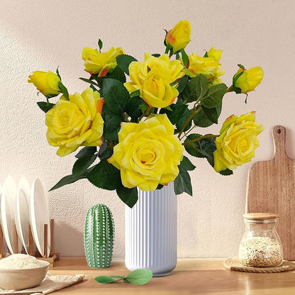 ATFL Fake Flowers, Yellow Rose,6 Pcs Faux Silk Real Touch Moisturizing Artificial Rose Flowers for Decoration,Flores Irosas Artificiales para Decoracion (6, Yellow)