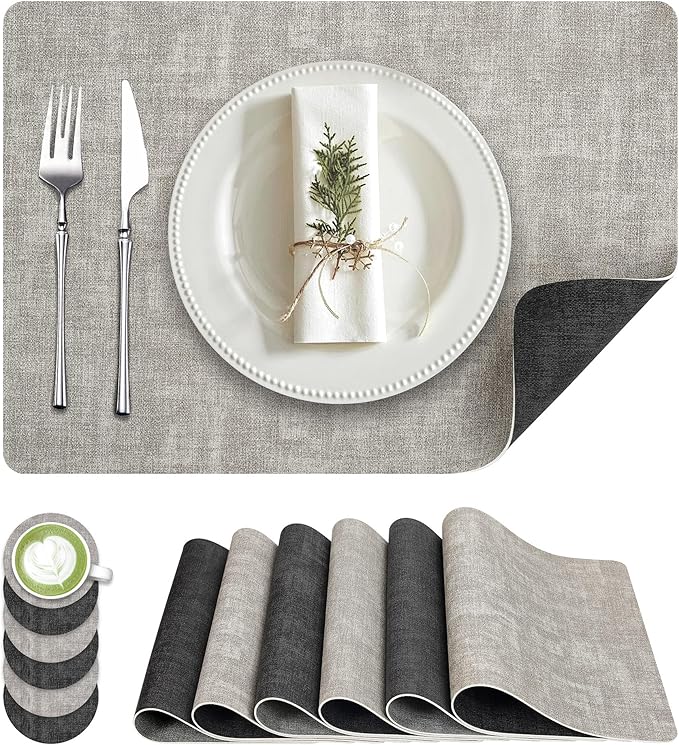 Placemats Set of 6, Faux Leather Heat Resistant Wipeable Placemats, Dual Sided Waterproof Washable Table Mats with Coaster, Suitable for Kitchen, Dining, Table Decor(6, Black Light Gray)
