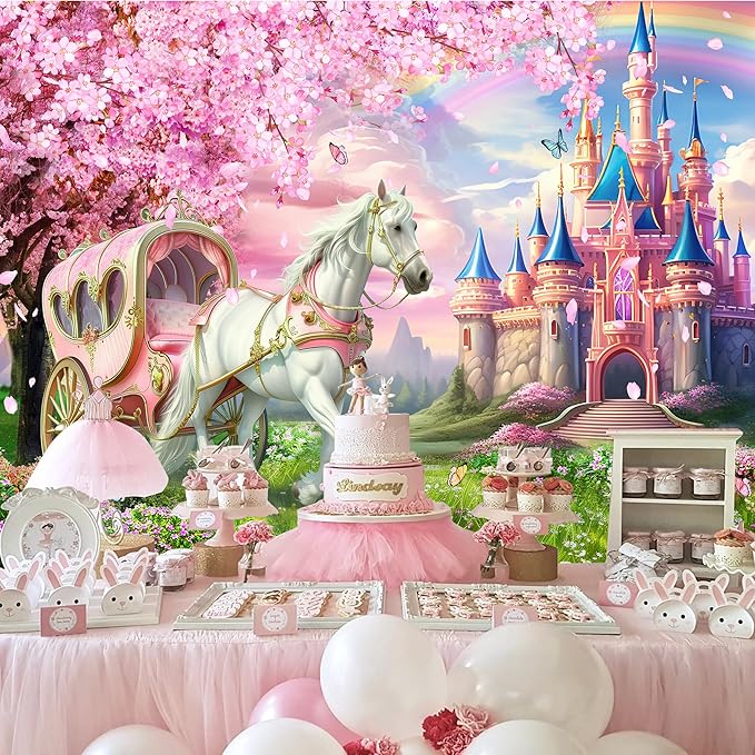 Riyidecor Princess Castle Backdrop Polyester Fabric Pink Sakura Rainbow Flowers Floral Fantasy Fairy Tale Wonderland 7Wx5H Feet White Horse Carriage Photography Background Birthday Photo Studio Shoot
