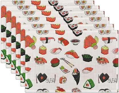 Japaness Sushi Cute Placemats Set of 6 Washable Table Mats for Kitchen Dining Table,Heat-Resistant Place Mats for Indoor Outdoor Party Holiday Decoration
