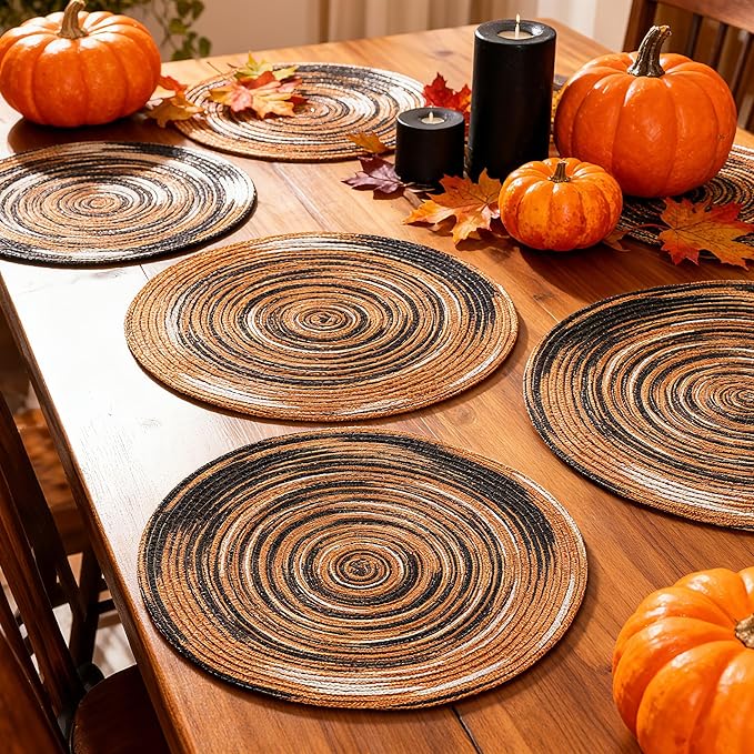 Youyi Better Lifes Halloween Round Braided Placemats Set of 6 Colorful Washable Durable Placemats Non-Slip 15 Inch Black-Orange Woven Table Mats for Dining Tables Holiday Party Decoration