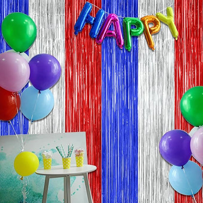 12 Pack 4th of July Decorations, 3.28 FT x 7.05 FT Patriotic Tinsel Backdrop, Metallic Blue Silver Red Fringe Curtains Party Streamer Foil Backdrop, Independence Day Party Supplies Patriotic Decor