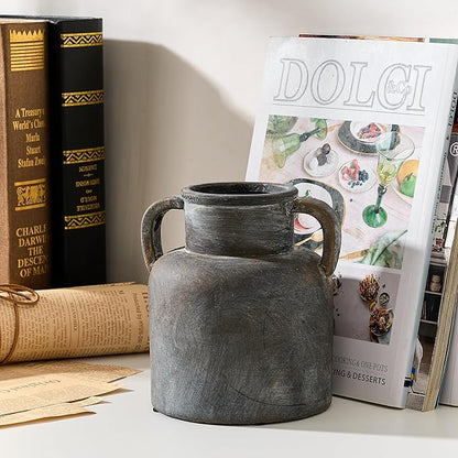 Antique Ceramic Vase with 2 Handles, 6.1 Inch Farmhouse Rustic Flower Vase, Small Vintage Terracotta Vases for Home Decor, Wedding, Living Room, Table, Shelf Decor, Black Bronze