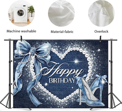 Denim and Diamonds Bow Backdrop 7Wx5H Photography Blue Coquette Happy Birthday for Women Girls Birthday Banner Background Silver High Heels Party Decorations Banner Photo Booth Props Supplies