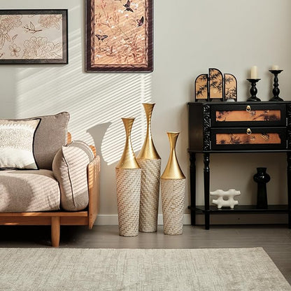 Floor Vases Decorative Tall, Set of 3 Flower Arrangement Stand for Living Room, Bedroom, Room Empty Corner Metal Gold Flower Vase Champgne & White