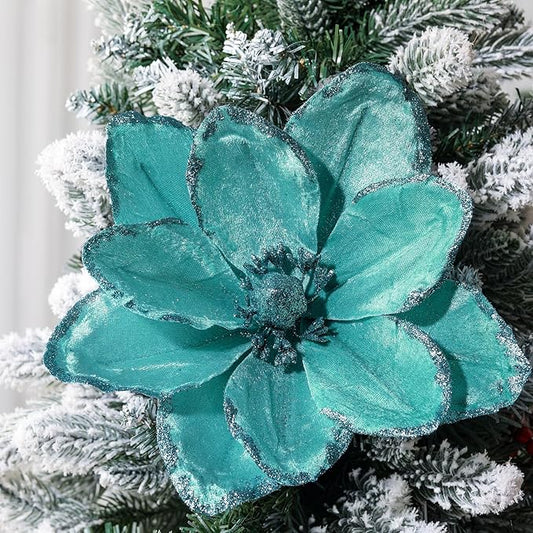 8 Pcs Large Christmas Flower Magnolia Flowers Christmas Tree Decoration Artificial Poinsettia Stems Velvet Xmas Ornaments for Xmas Tree Table Decor(Light Blue,12 Inch)