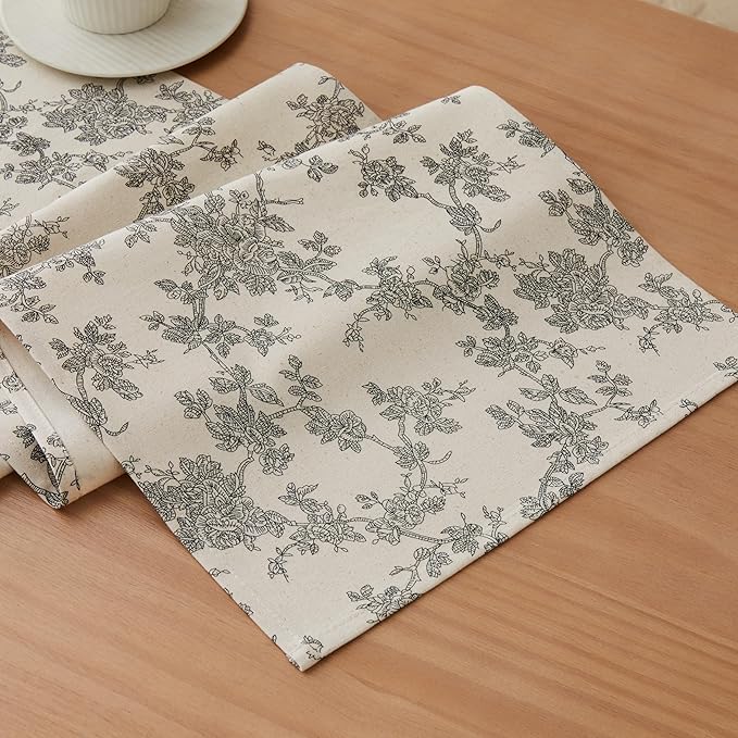100% Cotton French Pastoral Table Runners, 13x36 Inch Black Farmhouse Table Runners 36 Inches Long, Vintage Flowers Print Home Decors