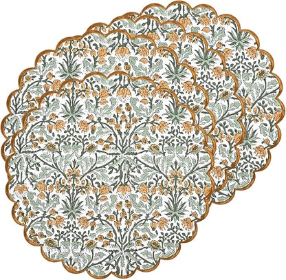 Ridhi Goldenrod Yellow Spring Place Mat Double Layer Floral Cotton Washable Placemats 15" Round Embroidery Block Print Table Mat (Pack of 4-15 Inch Round)
