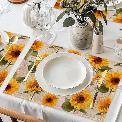 Vintage Sunflower Placemats Set of 6,Waterproof Heat Resistant Dining Table Plate Mat for Home Kitchen Dining Table 12x18Inch