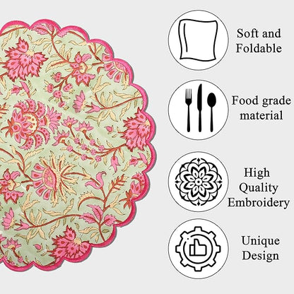 Ridhi Pistachio Green Hand Block Print Cotton15 Inch Round Set of 4 Reusable Washable PlaceMats Kitchen Dining Thanksgiving Halloween Christmas Weddings Everyday Use