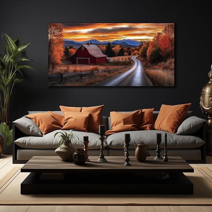 JuhaiArt Large Natural Wall Art Landscape Canvas Decor Fall Canvas Picture for Living Room Bedroom Red Barn Farmhouse Artwork 29" x 59"
