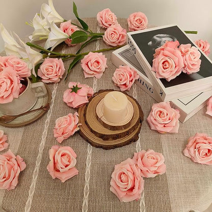 Artificial Satin Rose Flower Heads,48 Pcs Silk Rose Heads with Stems,3.3'' Rose Artificial Flowers Bulk,Artificial Rose Flower Heads for DIY Crafts Bouquet (48, Pink)