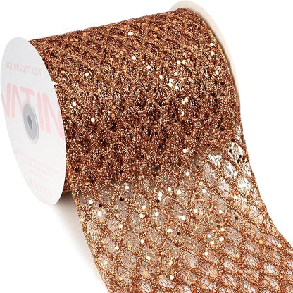 VATIN 6" Copper Christmas Ribbon, Copper Glitter Mesh Diamond Web Sequin Dots Wired Christmas Ribbon for Gift Wrapping Bow Making Wreath Supply-10 Yards