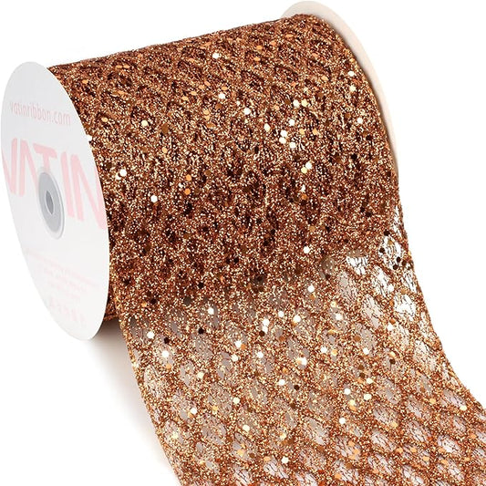VATIN 6" Copper Christmas Ribbon, Copper Glitter Mesh Diamond Web Sequin Dots Wired Christmas Ribbon for Gift Wrapping Bow Making Wreath Supply-10 Yards