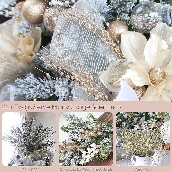 Sea Team 24-Pack Artificial Glitter Berry Stem Ornaments, Decorative Bead Sticks, Glittery Twigs, Picks, Branches for Christmas Tree, Small Vase, Holiday, Wedding, Party (17 Inches, Rose Gold)