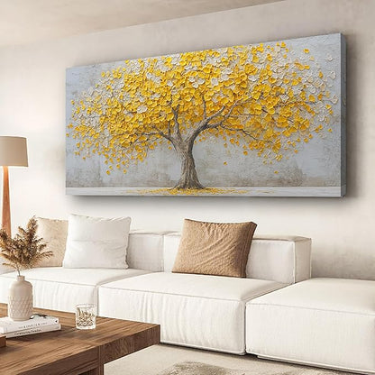 Yellow Abstract Ginkgo Tree Picture Print Canvas Wall Art Living Room Dining Room Office Study Bedroom Wall Decor Wall Art Prints Modern Style Artwork Waterproof Ready to Hang - 20x40 Inch