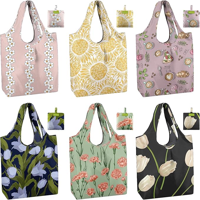BeeGreen Flower Reusable Shopping Bags Cute Grocery Bag 6 Pack, Christmas Gift Bags Heavy-Duty Foldable Shopping Totes for Supermarket, Work & Travel, Large Washable Polyester Tote Bag with Handles