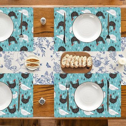Lovely Roosters Placemats Set of 4,Hens 12x18 Inch Non-Slip Washable Heat Resistant Linen Fabric Table Mats,Place Mats for Holiday Party