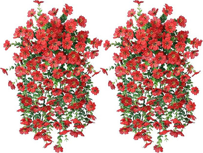 INSPRING Artificial Faux Outdoor Outside Flowers Plants, 2 PCS Fake Silk UV Resistant Look Real Red Daisy Trailing Vines for Front Door Porch Planter Urn Patio Balcony Decoration