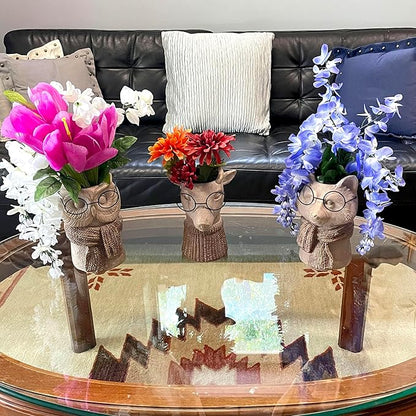 Set of 3 Bespectacled Animal Cement Vases – Fox, Owl, Deer, Gold Accents, Knit Textured Scarves, Real Wire Glasses, Whimsical Decorative Planters for Indoor Plants, Eclectic Gift for Home or Office