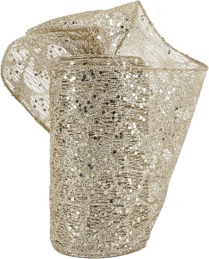 MEEDEE 6 Inch Wide Wired Ribbon Champagne Gold Glitter Mesh Web Wired Edge Ribbon by 10 Yards Roll Champagne Mesh Wired Ribbons for Christmas Tree, Garland, Wreaths, Bows, Centerpiece, Gift Wrapping