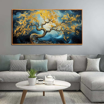 Gold Trees Canvas Painting Wall Art Living Room - Abstract Office Wall Art with Wooden Picture Frames Ready to Hang Size 29" x 59"