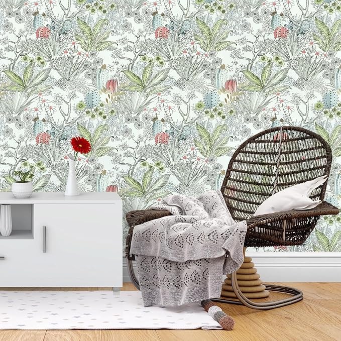 Wudnaye Boho Peel and Stick Wallpaper Catus Wallpaper 17.7" x 236.2"Vintage Floral Wallpapers Peel and Stick Botanical Removable Wall Paper Boho Self Adhesive Contact Paper for Bathroom Cabinets