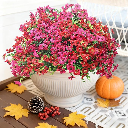 16 Bundles Artificial Flowers for Outdoors–Realistic Silk Mums in Red & Rose Red Mix-UV Resistant Faux Flowers for Garden Yard Patio Porch Home Wedding Décor