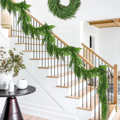 6 Ft Christmas Norfolk Pine Garland Real Touch Artificial Faux Greenery Christmas Garland Decorations for Home Fireplace Mantle Table Stairs Door Indoor Outdoor Holiday Decor