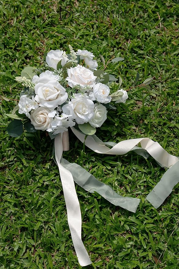 10 Inch White&Greenery Bridal Bouquet,Wedding Bouquet,Bride Bouquets for Wedding Ceremony Anniversary, Party and French Rustic Vintage Wedding,Artificial Flowers…