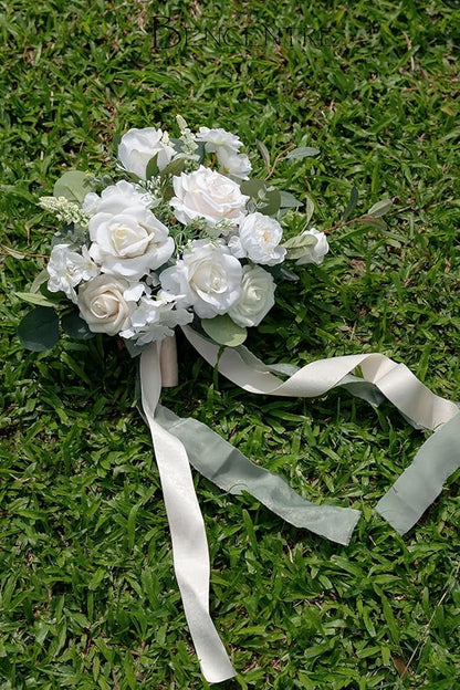 10 Inch White&Greenery Bridal Bouquet,Wedding Bouquet,Bride Bouquets for Wedding Ceremony Anniversary, Party and French Rustic Vintage Wedding,Artificial Flowers…