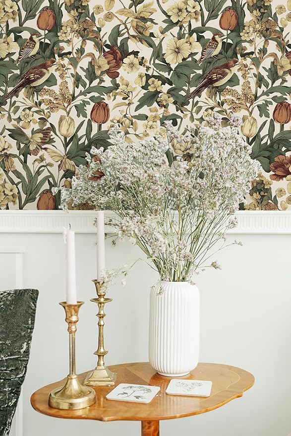 Erfoni 17.3" x118" Floral Birds Wallpaper Vintage Floral Peel and Stick Wallpaper Decoration DIY Self Adhesive Contact Paper Removable Wall Paper for Bedroom Cabinets Covering Boho Flower Leaf Beige