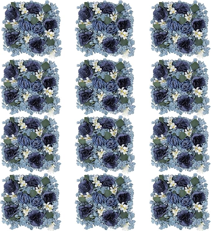 Pack of 12 Artificial Silk Flower Panels, Faux Floral Wall Background for Wedding Party Engagement Bridal Shower Arrangement Home Decorations - Dusty Blue
