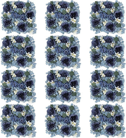 Pack of 12 Artificial Silk Flower Panels, Faux Floral Wall Background for Wedding Party Engagement Bridal Shower Arrangement Home Decorations - Dusty Blue