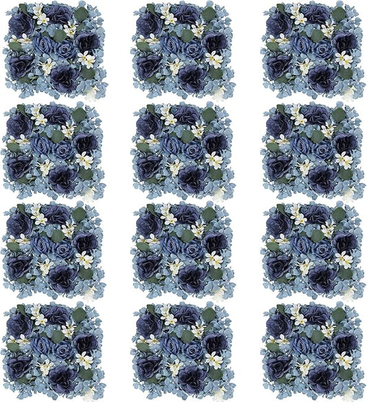 Pack of 12 Artificial Silk Flower Panels, Faux Floral Wall Background for Wedding Party Engagement Bridal Shower Arrangement Home Decorations - Dusty Blue