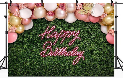 Riyidecor Green Leaves Happy Birthday Backdrop Polyester Fabric Neon Pink Balloon Flower Floral Butterfly Botanical Plant Bday 8Wx6H Feet Women Girls Photography Background Birthday Photo Studio Shoot