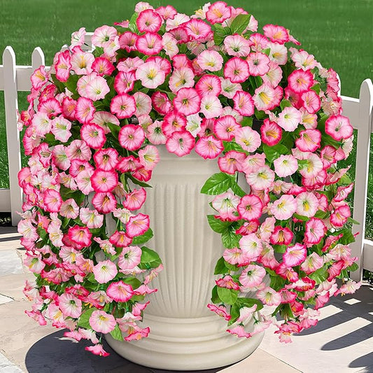 Artificial Fake Hanging Flowers Plants for Outdoor Decoration, 2PCS Faux Silk Morning Glory Long Vines Stems UV Resistant Look Real for Spring Summer Outside Home Porch Patio, Pink
