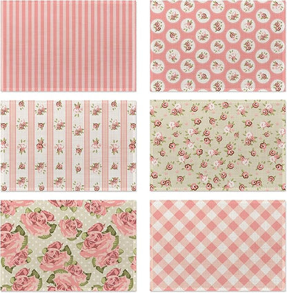 Pink Shabby Chic Floral Placemats Set of 6, Pink Rose Place Mats Washable Heat Resistant 12×18 Inch Linen Table Mats for Party Kitchen Dining, Vintage Outdoor Decor