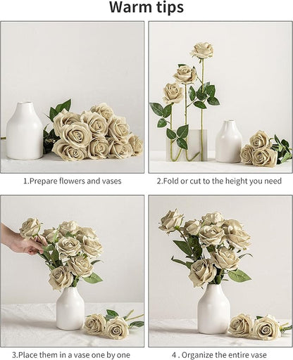 DuHouse 10pcs Silk Roses Artificial Flowers Fake Rose for Arrangement Wedding Party Home Decoration (Sand)