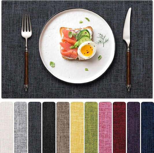 Blue Forest Placemats Set of 8, Dual-Layered Thickened Faux Linen Cloth Place Mats Heat Resistant Machine Washable Wrinkle Free Table Mats Indoor/Outdoor (Dark Grey)