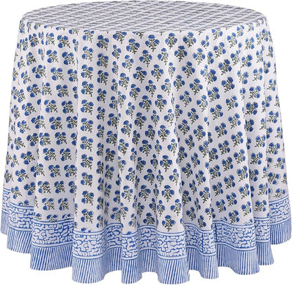 ATOSII Gulbahar Blue 100% Cotton Fall Round Tablecloth, Handblock Print Floral Table Cloth for Kitchen Dining Linen I Thanksgiving, Christmas, Weddings, Outdoors, Parties I 60" Inches I 4 Seater Table