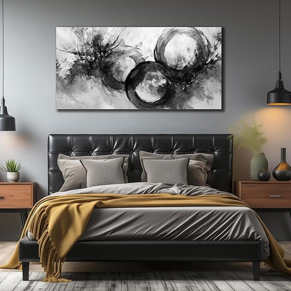 JuhaiArt White Wall Decor Art for Living Room Office Abstract Canvas Wall Art Black Circle Picture Art 29" x 59" Large Modern Poster Artwork