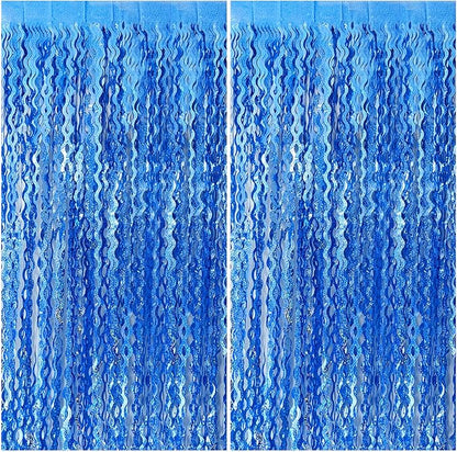 Blue Backdrop Wavy Tinsel Foil Fringe Curtains for Parties Sparkle Metallic Wavy Blue Birthday Decorations for Streamers Party Decorations Photo Booth Props Birthday Ocean Party Decor Supplies