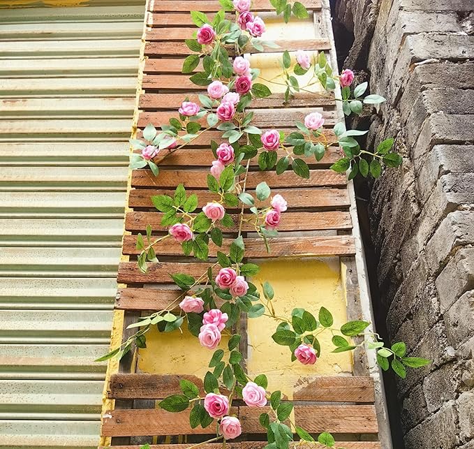 6FT Bendable Pink Rose Flower Garland, Artificial Silk Wild Roses Vine Leaves Hanging Flowers for Wall Fireplace Fence Trellis Wedding Baby Shower Room Home Spring Summer Decor(1PC)