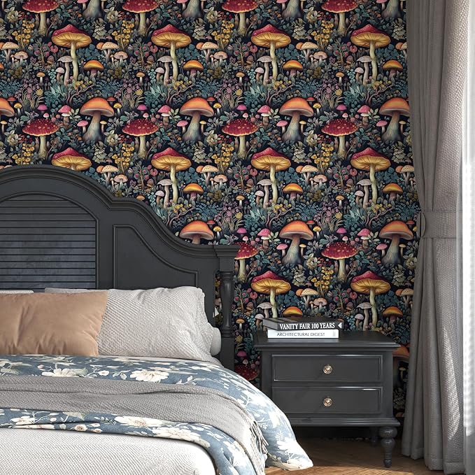 Wallpaper Peel and Stick Vintage Mushroom Contact Paper Floral Wall Paper for Shelf Liner Cabinet Bedroom Removable Waterproof Black Colorful 17.5 x 393.5In
