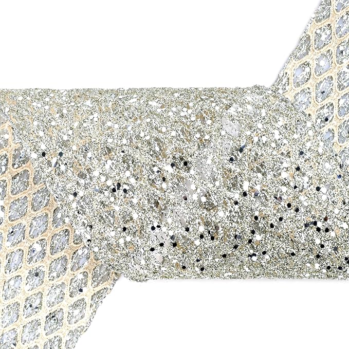 VATIN 6" Champagne Christmas Ribbon, Silver Glitter Mesh Diamond Web Sequin Dots Wired Christmas Ribbon for Gift Wrapping Bow Making Wreath Supply-10 Yards